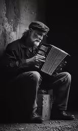 an older man is sitting down playing an instrument