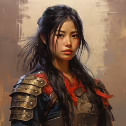 painting of a young female warrior looking down,an artistic painting of a woman in armor