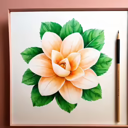 a framed photo of a flower on a wall next to a pencil