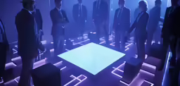 a group of people standing around in a room with blue lighting