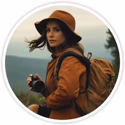 a woman standing on a hill holding a camera