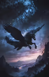 an owl flying above a mountain with dark clouds