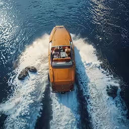 a yellow boat is traveling down the water