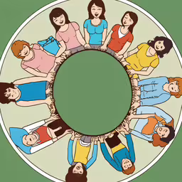 six people sitting around a circle on a table,a drawing of people sitting around the perimeter