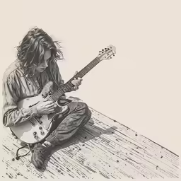 man playing guitar while seated in the snow
