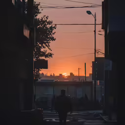 a street scene at sunset with a person walking