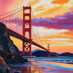 a painting of the golden gate bridge at sunset