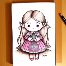 the drawing of a little girl with long pink hair, wearing a purple dress,the girl with the pink dress has two hair styles