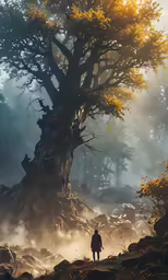the man stands in front of a tall tree