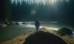 person standing on the side of a small body of water
