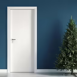 the blue wall has a door leading to a small christmas tree