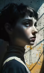 a person with short hair stands looking up