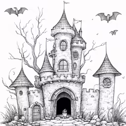 a castle with bats flying out of the window