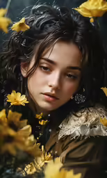 a young girl is posing in a field of flowers