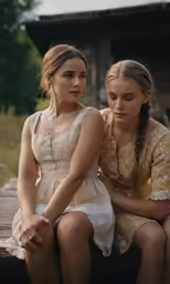 two girls dressed in vintage clothes sit on a bench