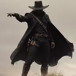 a man wearing a costume and hat, with his arms outstretched