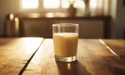 a glass of milk on a table top