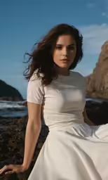 a woman is leaning on some rocks by the water