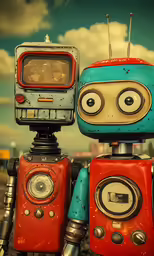 two very cute little robot toys with one on top