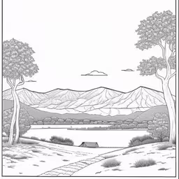a drawing of a landscape with mountains in the background,a drawing of a mountain lake