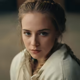 a woman with blue eyes looks into the camera