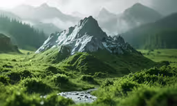 there is a large snowy mountain by a stream