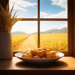 a plate full of oranges in front of a window