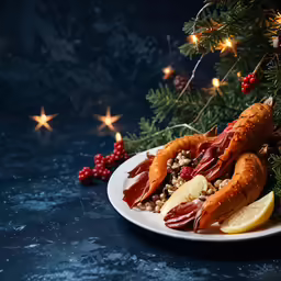 lobster with lemons, rice, and christmas decorations