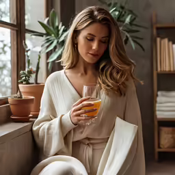 a woman sits on a window ledge with an orange juice in her hand