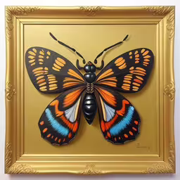 a large butterfly on top of a gold frame,an orange and black butterfly on gold frame