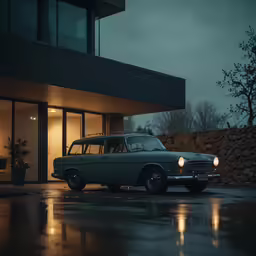 a car parked in front of a large glass building