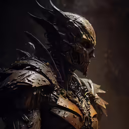 an armory man with horns and spikes is seen in the dark