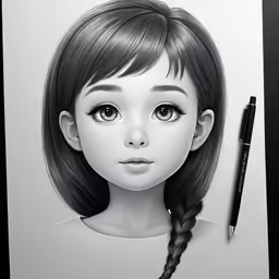 a girl with braids and big eyes, in pencil