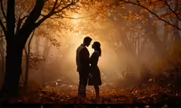 a couple embrace in the woods during a fall sunset