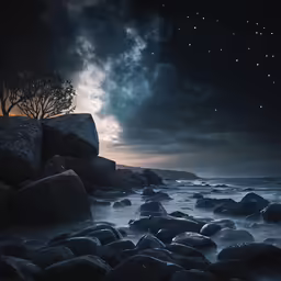 a tree growing from the rocks by the ocean at night