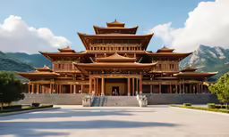 a view of a buddhist temple with an amazing mountain behind