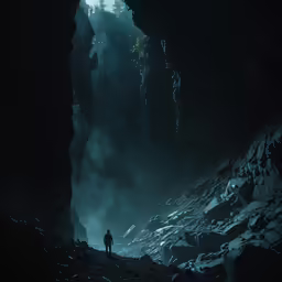 a dark cave with an adventurer walking into the entrance