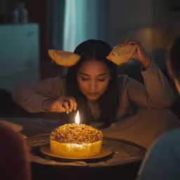 a girl blows out a candle on top of her birthday cake