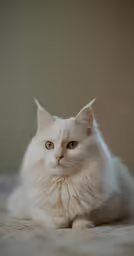 white fluffy cat looking into the camera with green eyes