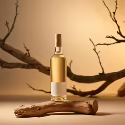 there is a bottle of wine on the table next to a branch