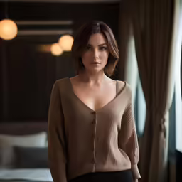 a woman standing in front of a window wearing a sweater