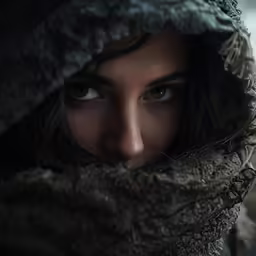 the face of a woman with hooded clothing on
