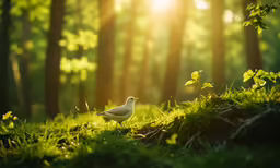 a small bird on some grass by the forest