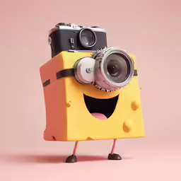 an orange and black camera with a yellow face