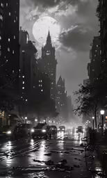 night cityscape with a huge full moon in the background