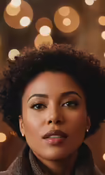 an african woman with dark brown hair and a fur collar wearing a dark brown scarf