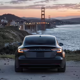the back end of a silver vehicle parked by a body of water