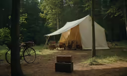 an open tent is shown in the woods