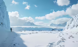 a person is standing in the middle of a snow covered valley