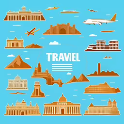 a collection of travel icons that are very decorative,a travel poster with some different things in the middle